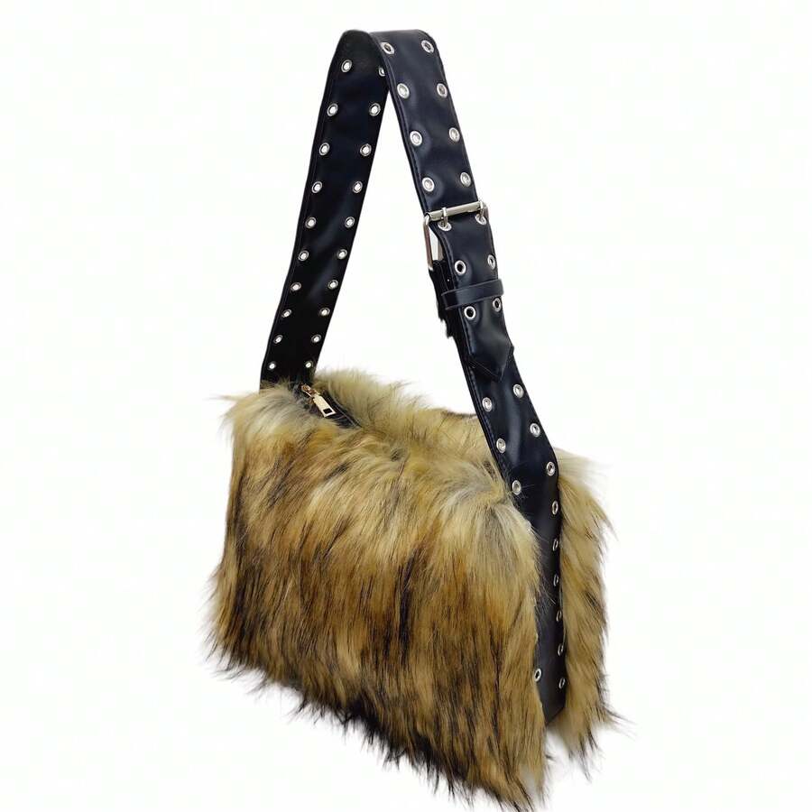 1Pc Shaggy Faux Fur Shoulder Bag, Rivet Decor Adjustable Wide Strap Hobo Bag, Punk Style Fluffy Casual Handbag For Women