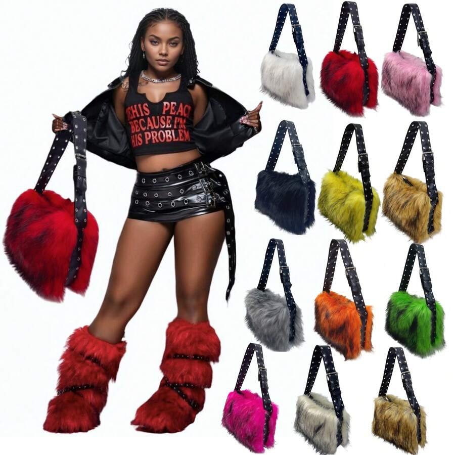 1Pc Shaggy Faux Fur Shoulder Bag, Rivet Decor Adjustable Wide Strap Hobo Bag, Punk Style Fluffy Casual Handbag For Women
