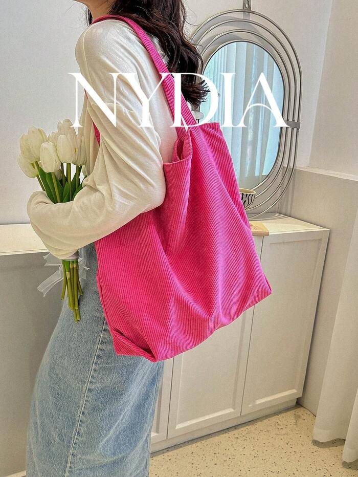 1pc Corduroy Tote Bag, Slouchy Large Capacity Handbag