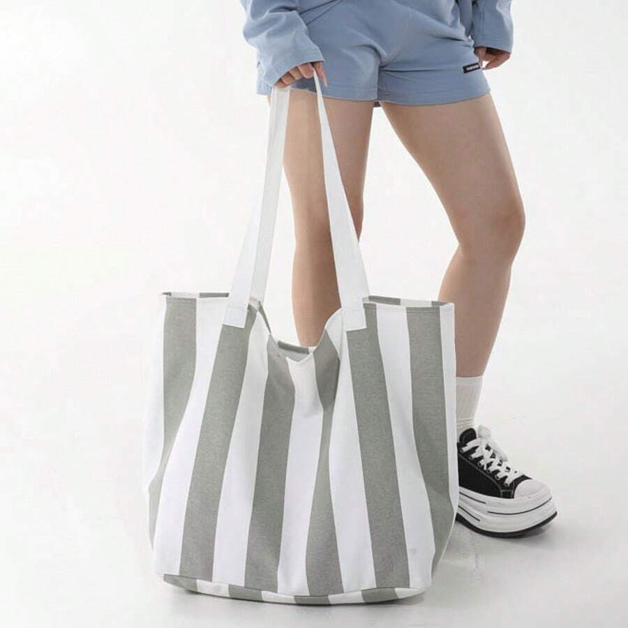 Women's Fabric Soft Surface Foggy Gray Striped Colorblock Large Capacity Tote Bag, Fashionable Shopping Bag, Minimalist Women's Handbag
