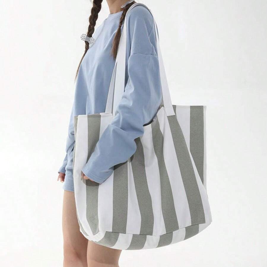 Women's Fabric Soft Surface Foggy Gray Striped Colorblock Large Capacity Tote Bag, Fashionable Shopping Bag, Minimalist Women's Handbag
