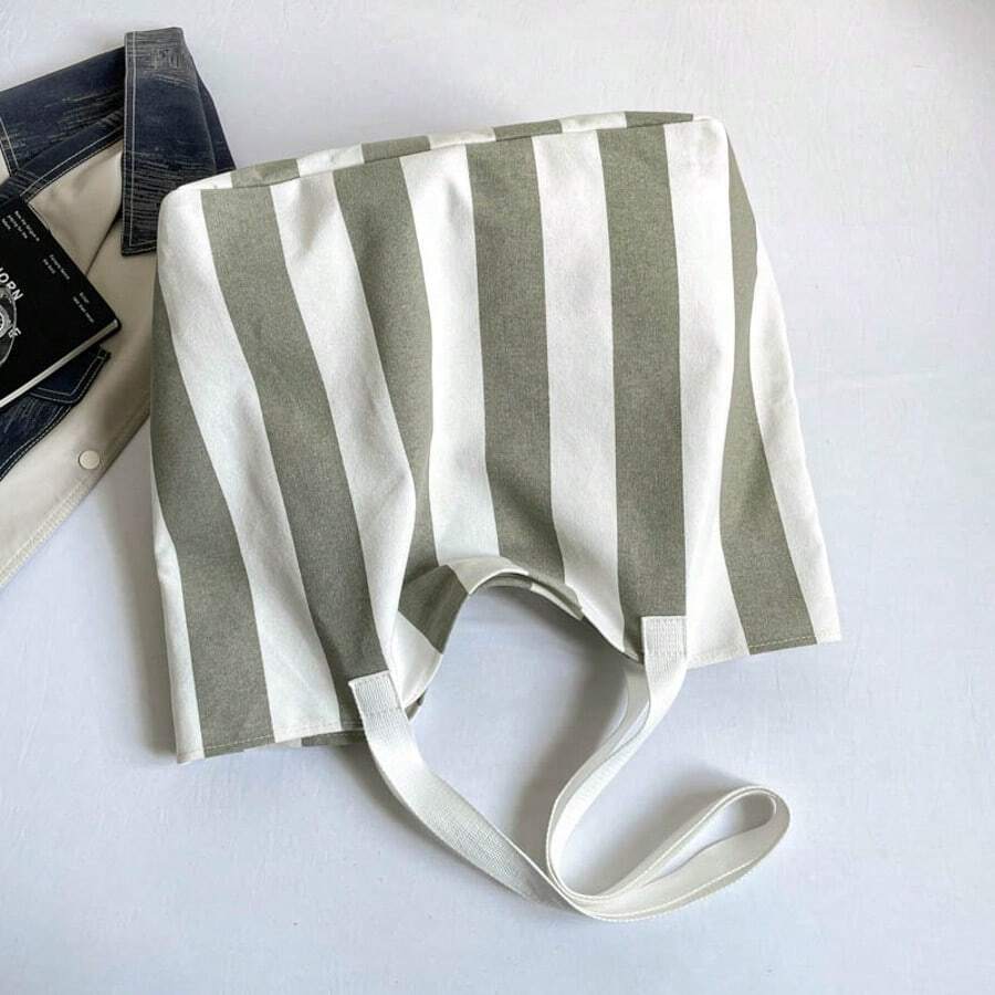 Women's Fabric Soft Surface Foggy Gray Striped Colorblock Large Capacity Tote Bag, Fashionable Shopping Bag, Minimalist Women's Handbag