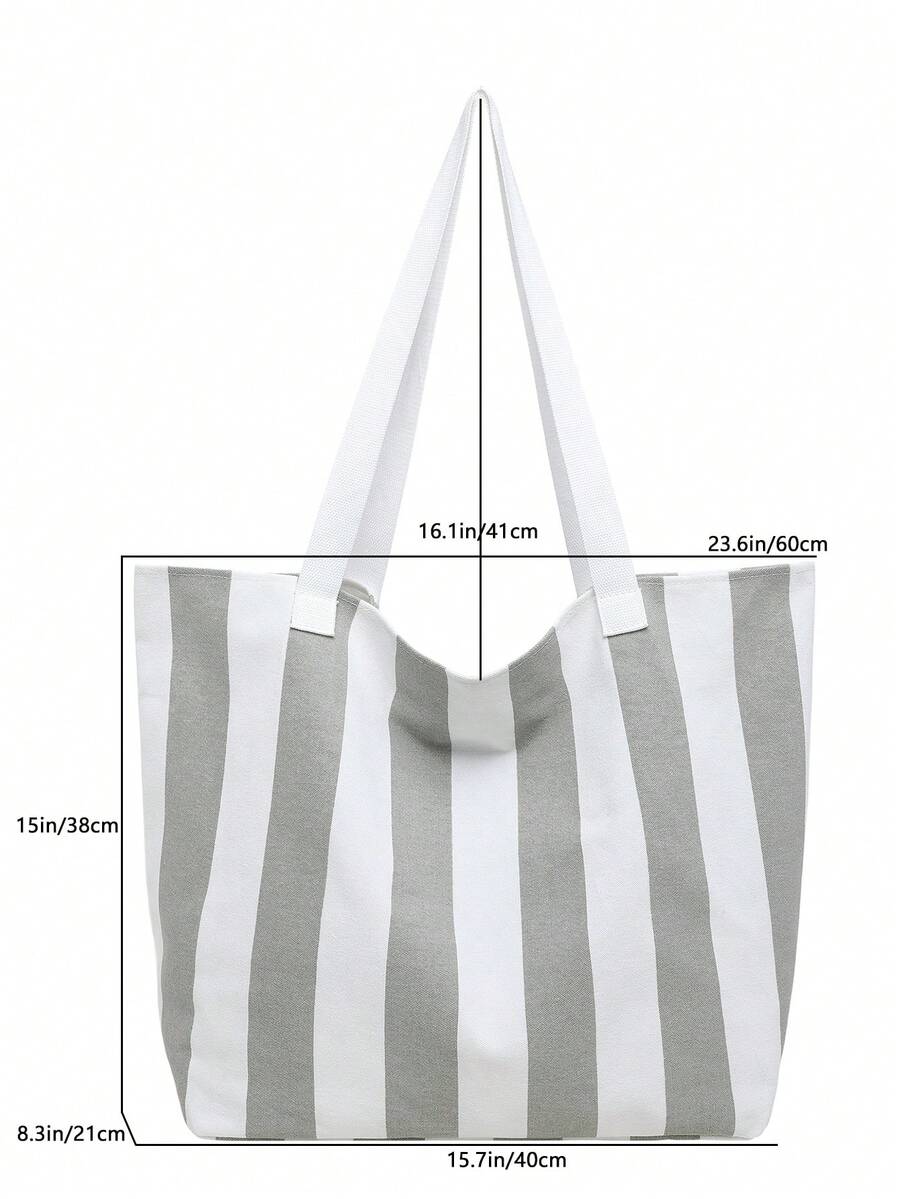 Women's Fabric Soft Surface Foggy Gray Striped Colorblock Large Capacity Tote Bag, Fashionable Shopping Bag, Minimalist Women's Handbag