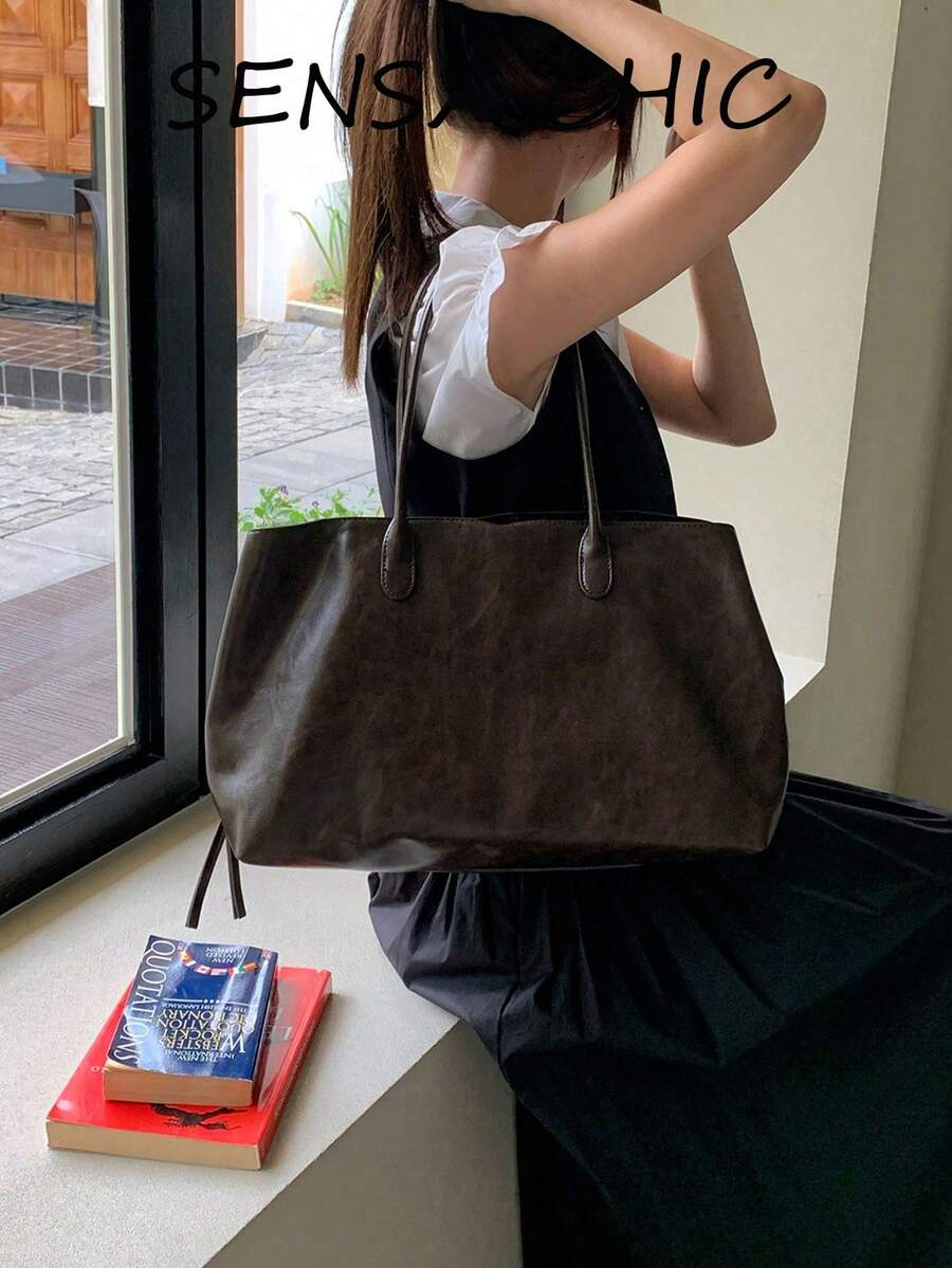 Korean Style Slouchy Chic Dark Soft Leather Tote Bag, Fine Oil Wax Leather, Slim Handle, Zipper Closure, Large Capacity Commuter Bag, Fits Laptop, Minimalist Elegant Women's Shoulder Bag