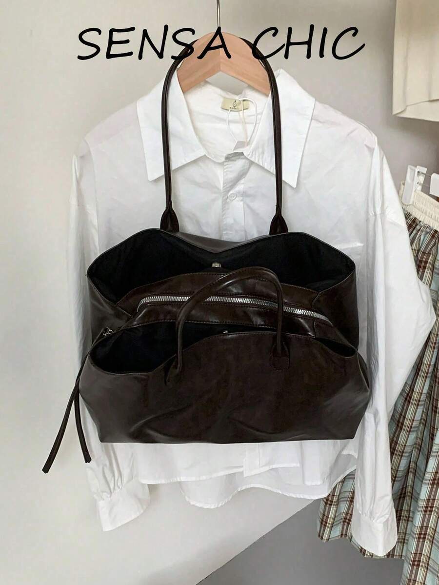 Korean Style Slouchy Chic Dark Soft Leather Tote Bag, Fine Oil Wax Leather, Slim Handle, Zipper Closure, Large Capacity Commuter Bag, Fits Laptop, Minimalist Elegant Women's Shoulder Bag