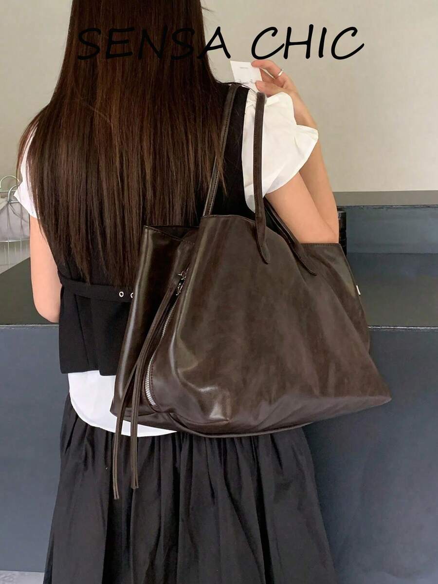 Korean Style Slouchy Chic Dark Soft Leather Tote Bag, Fine Oil Wax Leather, Slim Handle, Zipper Closure, Large Capacity Commuter Bag, Fits Laptop, Minimalist Elegant Women's Shoulder Bag