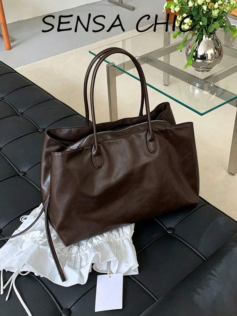 Korean Style Slouchy Chic Dark Soft Leather Tote Bag, Fine Oil Wax Leather, Slim Handle, Zipper Closure, Large Capacity Commuter Bag, Fits Laptop, Minimalist Elegant Women's Shoulder Bag