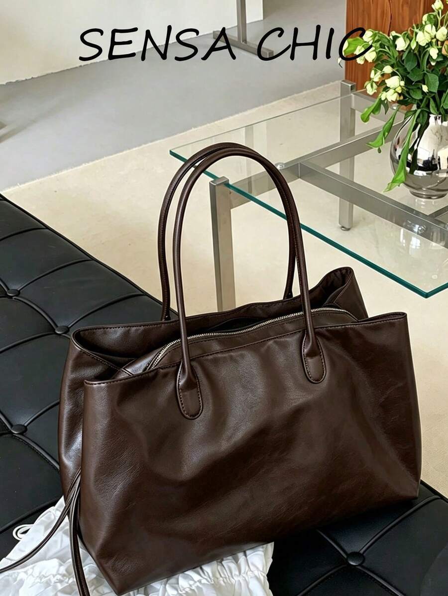 Korean Style Slouchy Chic Dark Soft Leather Tote Bag, Fine Oil Wax Leather, Slim Handle, Zipper Closure, Large Capacity Commuter Bag, Fits Laptop, Minimalist Elegant Women's Shoulder Bag