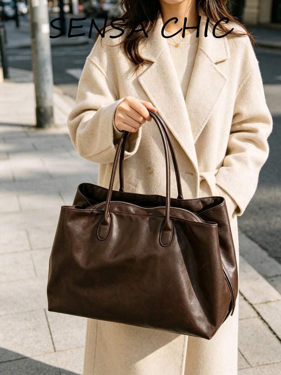 Korean Style Slouchy Chic Dark Soft Leather Tote Bag, Fine Oil Wax Leather, Slim Handle, Zipper Closure, Large Capacity Commuter Bag, Fits Laptop, Minimalist Elegant Women's Shoulder Bag