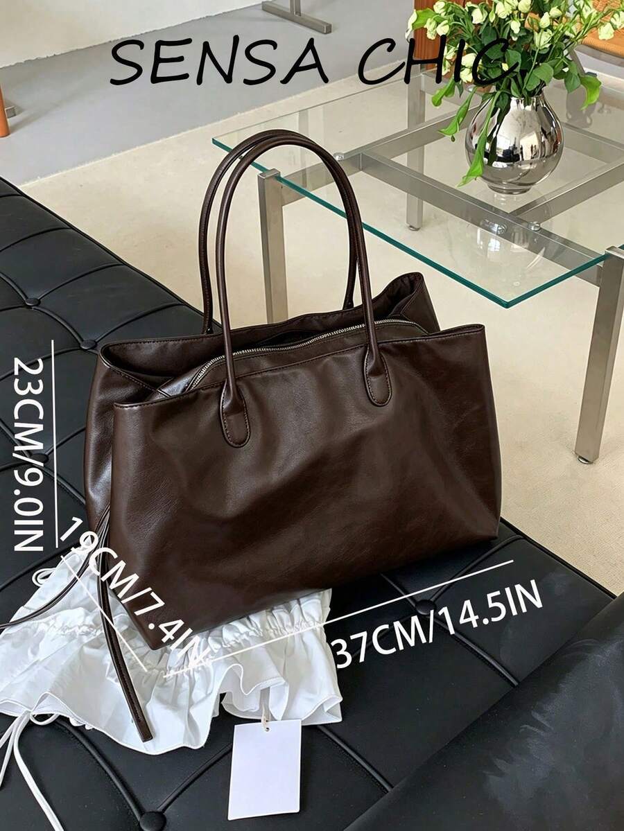 Korean Style Slouchy Chic Dark Soft Leather Tote Bag, Fine Oil Wax Leather, Slim Handle, Zipper Closure, Large Capacity Commuter Bag, Fits Laptop, Minimalist Elegant Women's Shoulder Bag