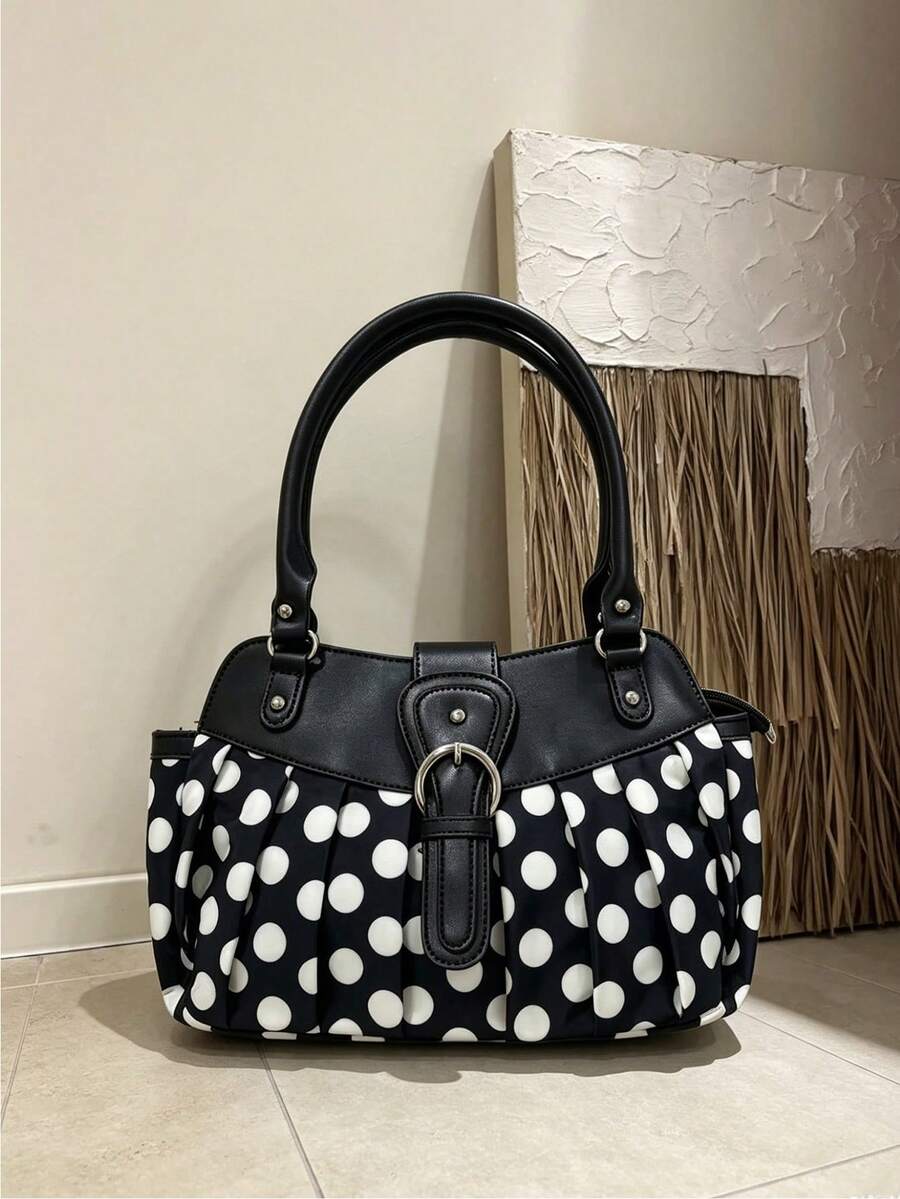 Korean Niche Design Ins Minimalist Fashion Polka Dot Retro Versatile Hot Girl Underarm Shoulder Bag Fashion Commute Outing Daily Work Shoulder Tote Large Bag