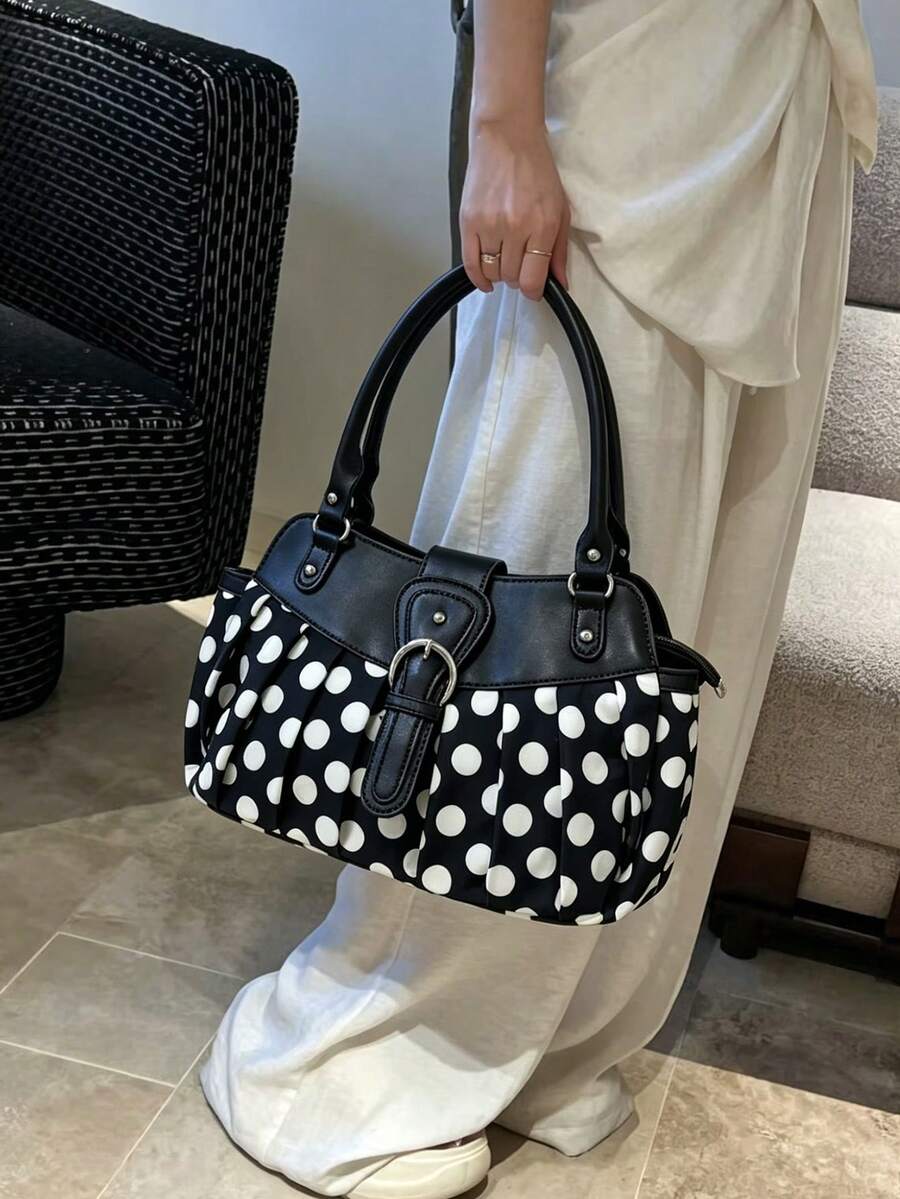 Korean Niche Design Ins Minimalist Fashion Polka Dot Retro Versatile Hot Girl Underarm Shoulder Bag Fashion Commute Outing Daily Work Shoulder Tote Large Bag