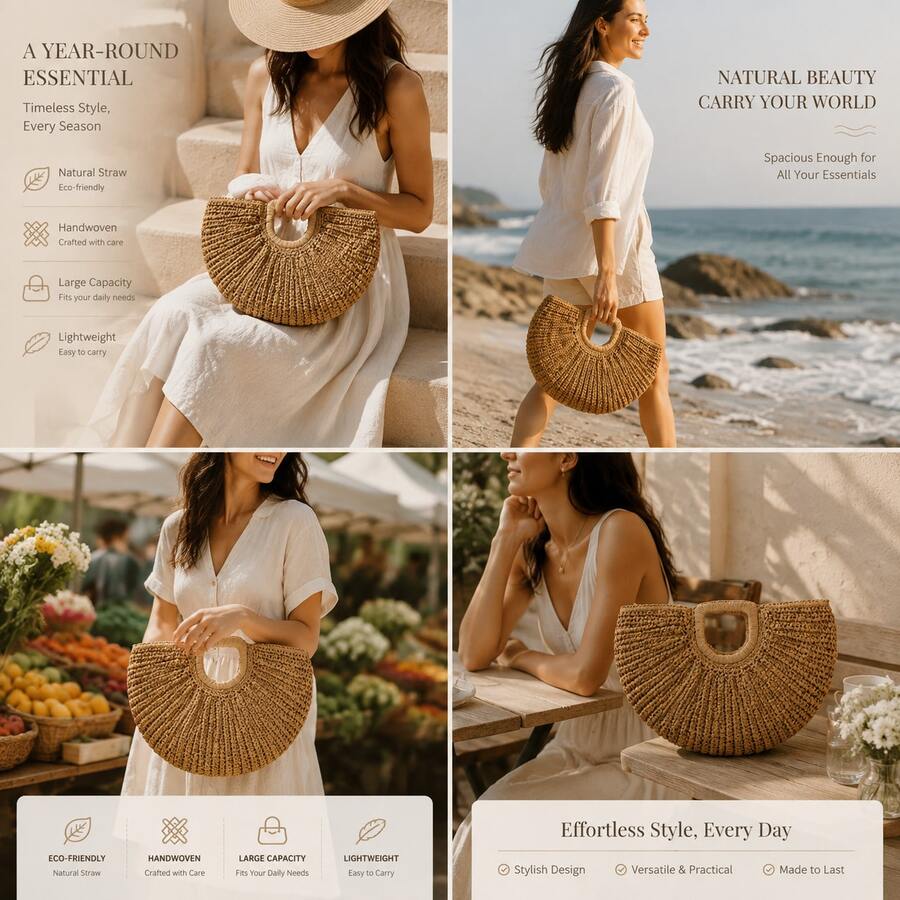 Women's Summer Fall Essential Rattan Tote Bag, Handwoven Half Moon Straw Handbag, Large Capacity Boho Chic Shoulder Bag, Lightweight Shopper Purse