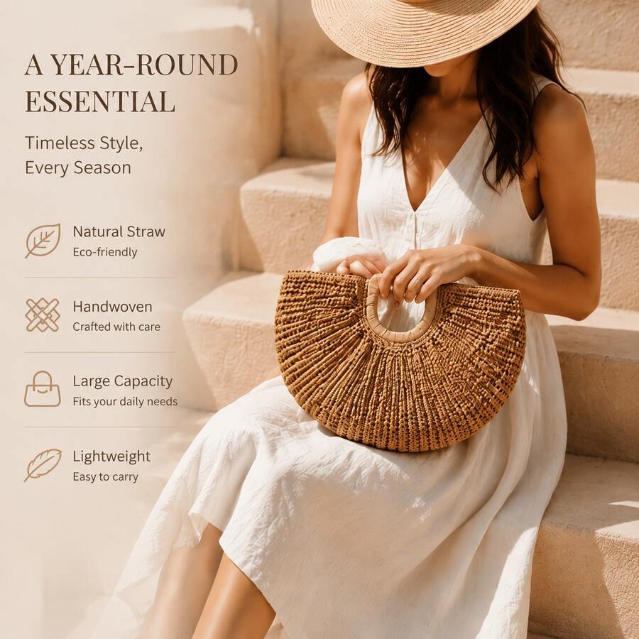Women's Summer Fall Essential Rattan Tote Bag, Handwoven Half Moon Straw Handbag, Large Capacity Boho Chic Shoulder Bag, Lightweight Shopper Purse