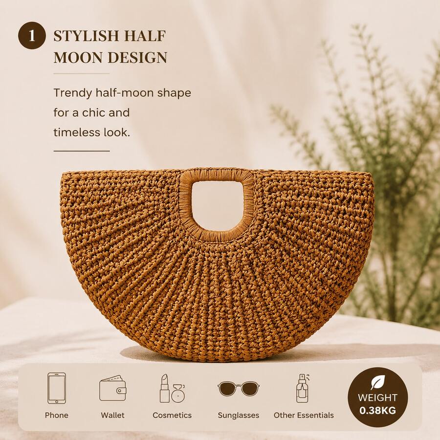 Women's Summer Fall Essential Rattan Tote Bag, Handwoven Half Moon Straw Handbag, Large Capacity Boho Chic Shoulder Bag, Lightweight Shopper Purse