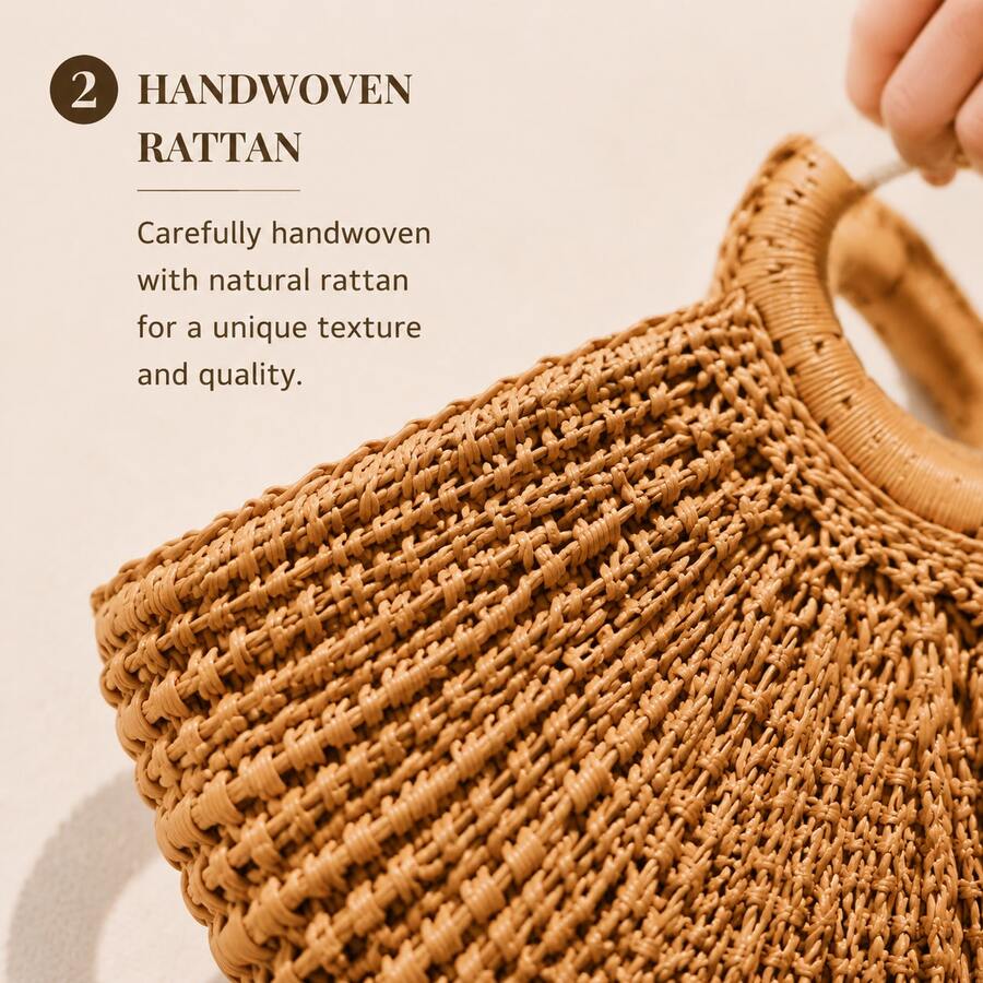 Women's Summer Fall Essential Rattan Tote Bag, Handwoven Half Moon Straw Handbag, Large Capacity Boho Chic Shoulder Bag, Lightweight Shopper Purse