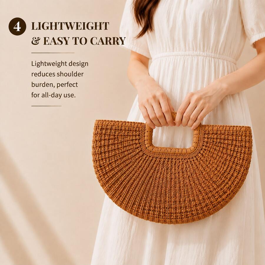 Women's Summer Fall Essential Rattan Tote Bag, Handwoven Half Moon Straw Handbag, Large Capacity Boho Chic Shoulder Bag, Lightweight Shopper Purse