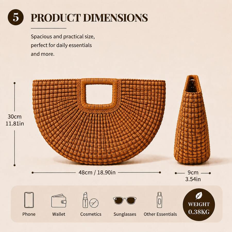Women's Summer Fall Essential Rattan Tote Bag, Handwoven Half Moon Straw Handbag, Large Capacity Boho Chic Shoulder Bag, Lightweight Shopper Purse