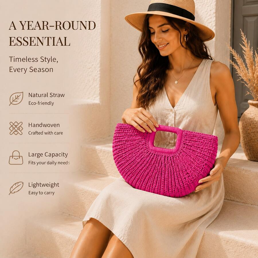 Women's Summer Fall Essential Rattan Tote Bag, Handwoven Half Moon Straw Handbag, Large Capacity Boho Chic Shoulder Bag, Lightweight Shopper Purse