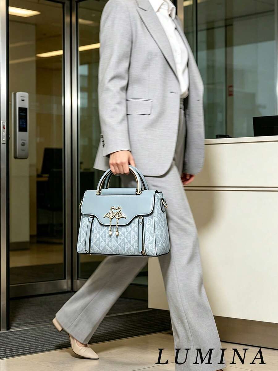 Light Blue Geometric Print Swan Rhinestone Pendant Top Handle Crossbody Bag For Women, Elegant PU Work Handbag Office Daily Commute Bags For Women
