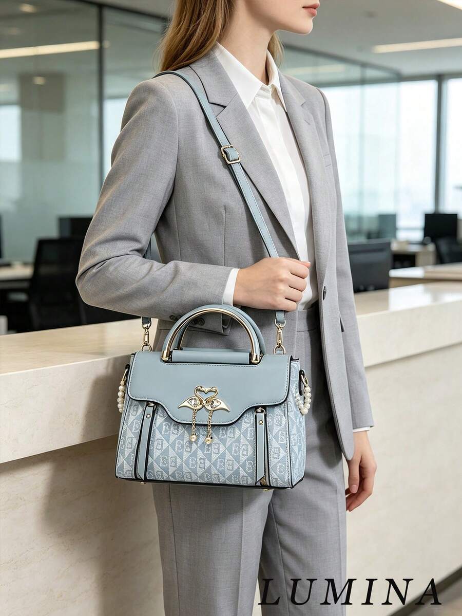 Light Blue Geometric Print Swan Rhinestone Pendant Top Handle Crossbody Bag For Women, Elegant PU Work Handbag Office Daily Commute Bags For Women