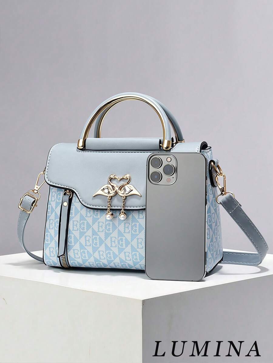Light Blue Geometric Print Swan Rhinestone Pendant Top Handle Crossbody Bag For Women, Elegant PU Work Handbag Office Daily Commute Bags For Women