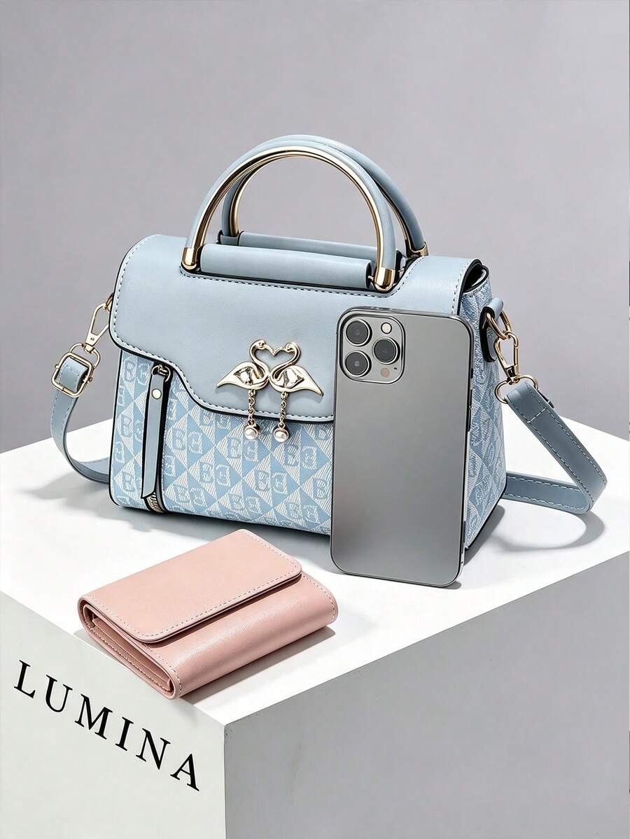 Light Blue Geometric Print Swan Rhinestone Pendant Top Handle Crossbody Bag For Women, Elegant PU Work Handbag Office Daily Commute Bags For Women