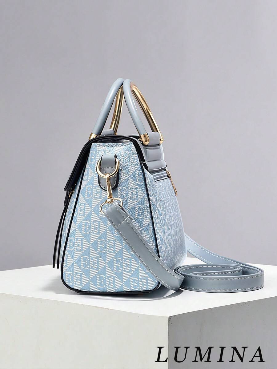 Light Blue Geometric Print Swan Rhinestone Pendant Top Handle Crossbody Bag For Women, Elegant PU Work Handbag Office Daily Commute Bags For Women