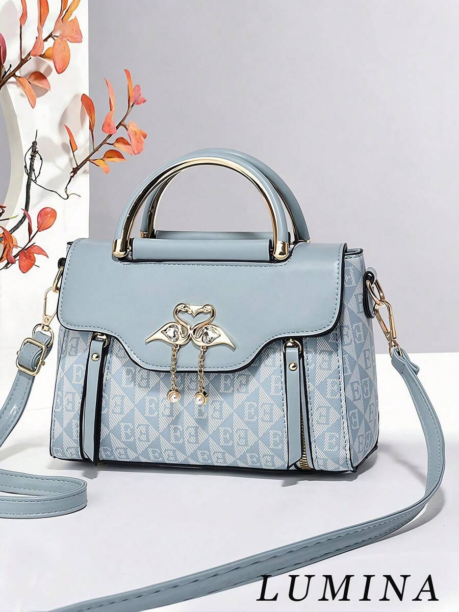 Light Blue Geometric Print Swan Rhinestone Pendant Top Handle Crossbody Bag For Women, Elegant PU Work Handbag Office Daily Commute Bags For Women