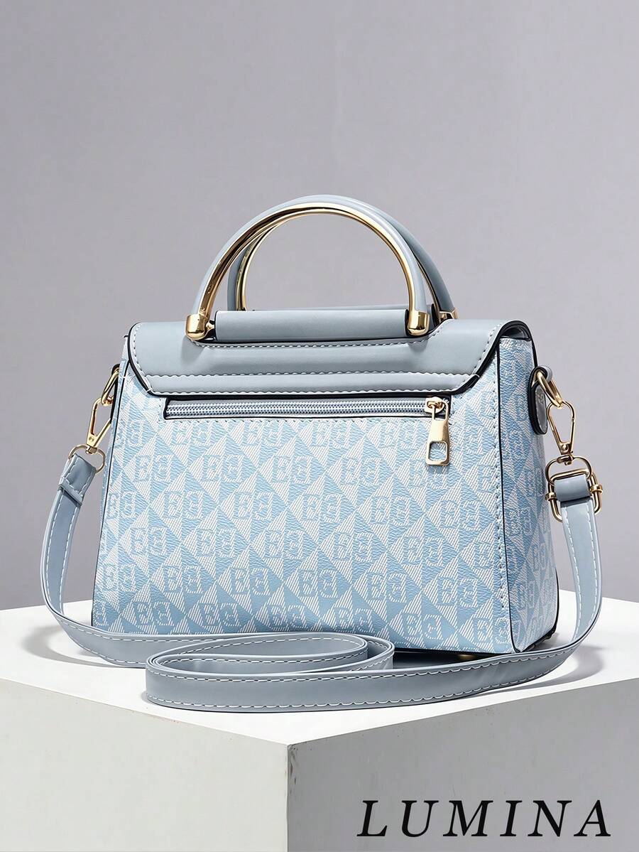 Light Blue Geometric Print Swan Rhinestone Pendant Top Handle Crossbody Bag For Women, Elegant PU Work Handbag Office Daily Commute Bags For Women