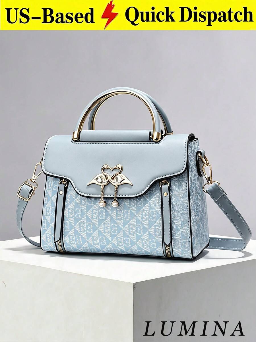 Light Blue Geometric Print Swan Rhinestone Pendant Top Handle Crossbody Bag For Women, Elegant PU Work Handbag Office Daily Commute Bags For Women