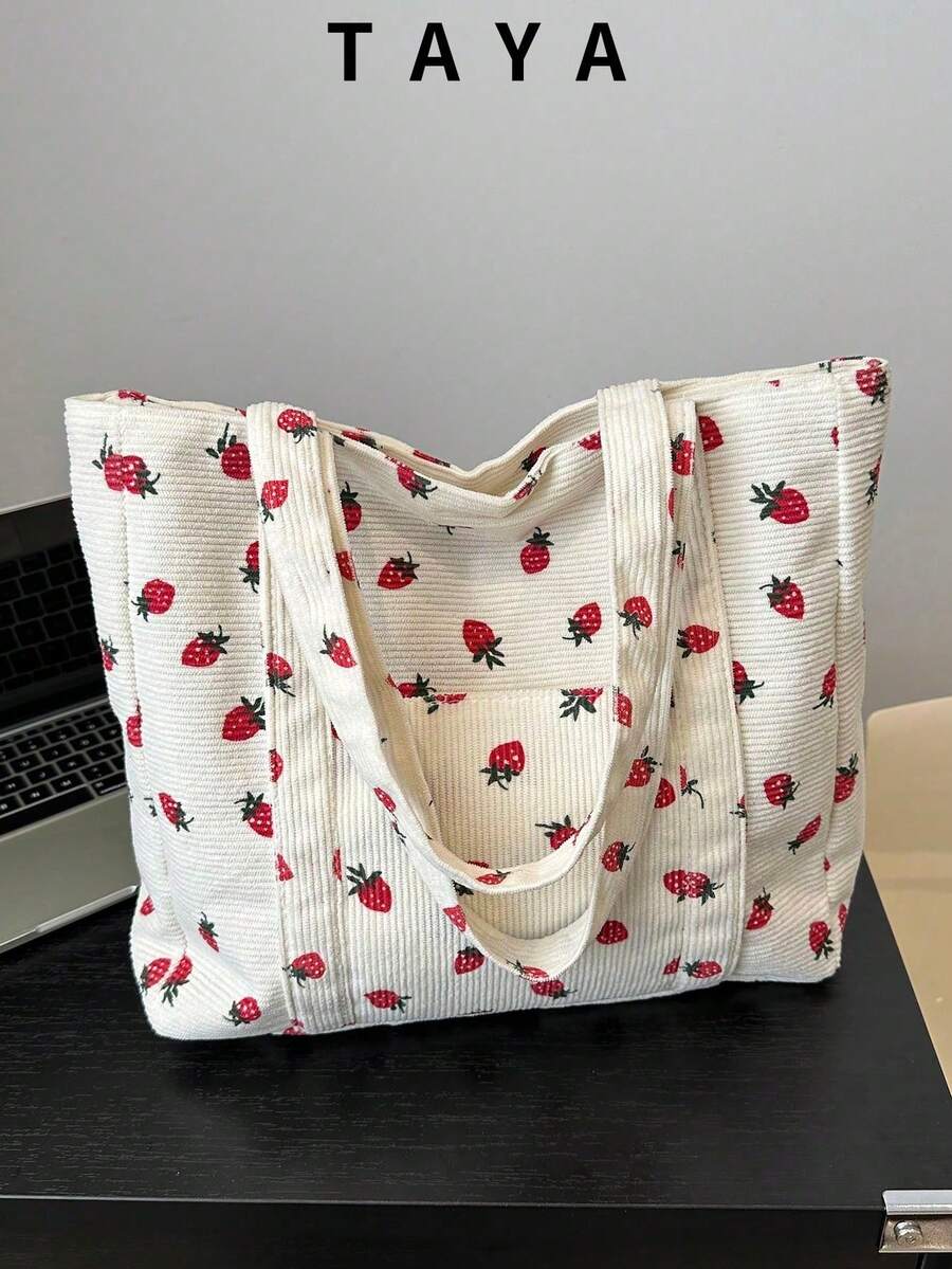 1pc Minimalist Fashion Printed Fabric Tote Bag, Zipper Closure, Shoulder Bag, Suitable For Work, Back To School, Middle School, High School, College, Holidays, Valentine's Day, Etc., Literary Bookbag