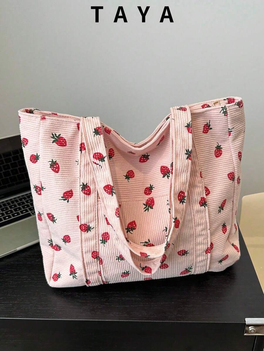 1pc Minimalist Fashion Printed Fabric Tote Bag, Zipper Closure, Shoulder Bag, Suitable For Work, Back To School, Middle School, High School, College, Holidays, Valentine's Day, Etc., Literary Bookbag