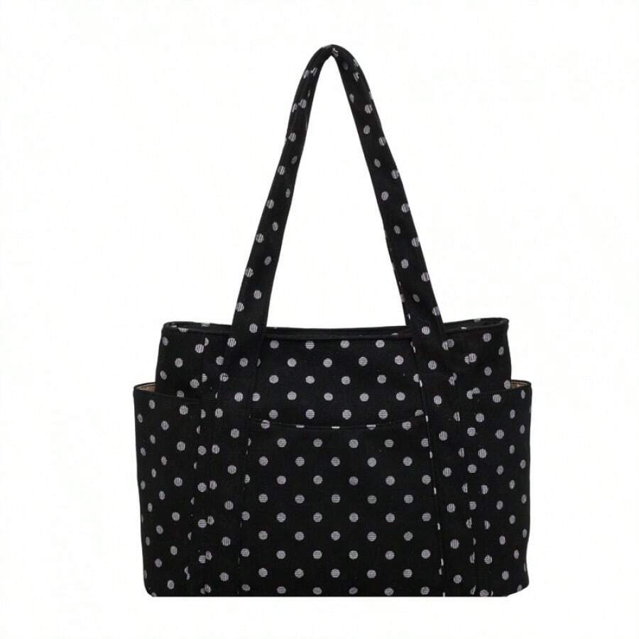 Polka Dot Canvas Tote Bag Large Multi‑Pocket Casual Daily Shopping Work Women Shoulder Handbag