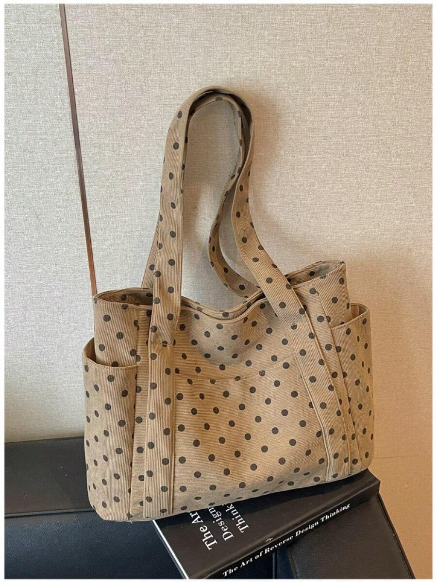 Polka Dot Canvas Tote Bag Large Multi‑Pocket Casual Daily Shopping Work Women Shoulder Handbag