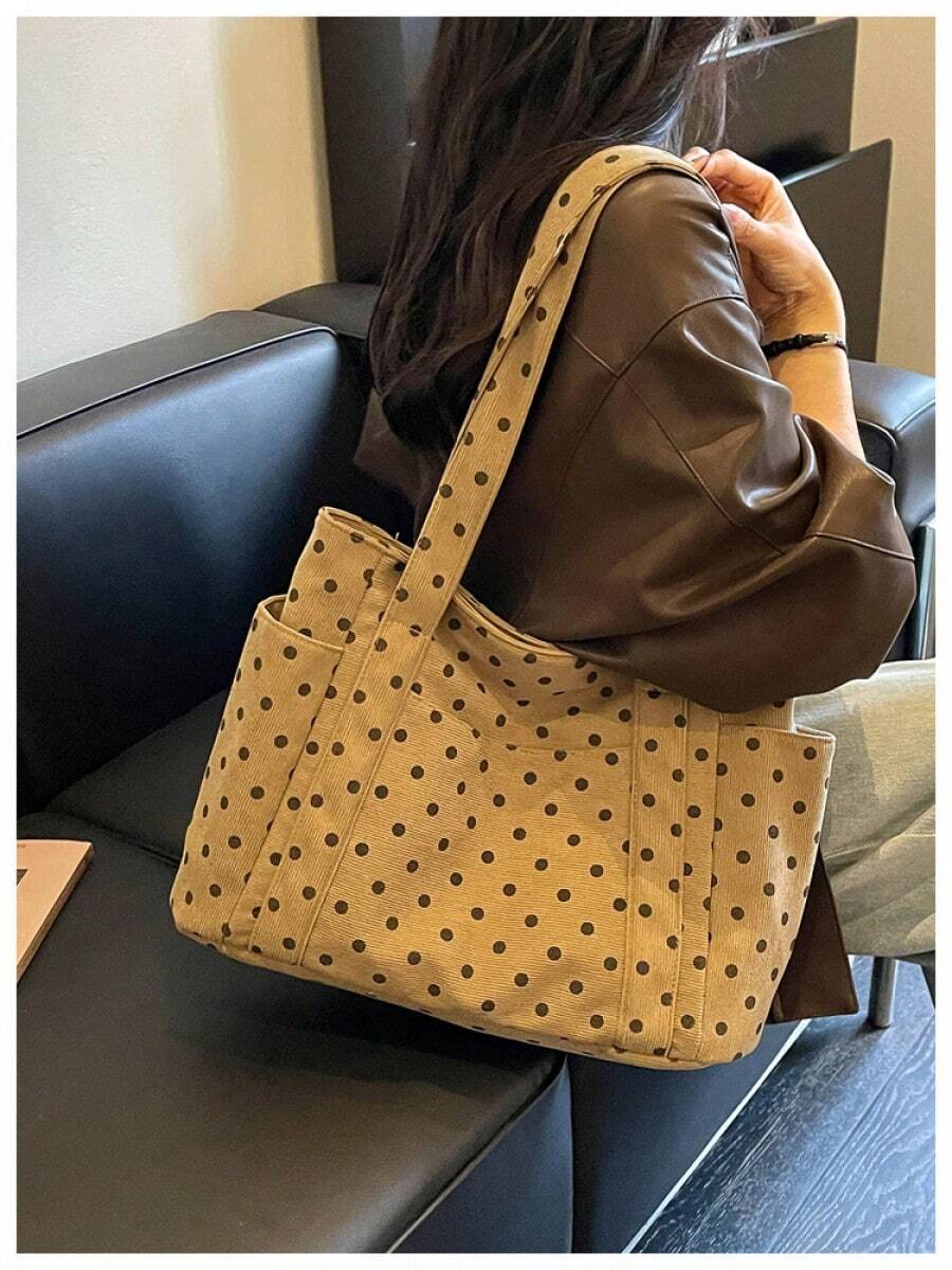 Polka Dot Canvas Tote Bag Large Multi‑Pocket Casual Daily Shopping Work Women Shoulder Handbag