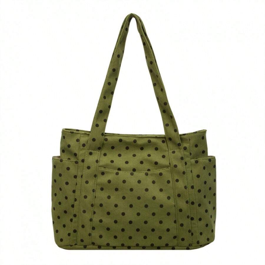 Polka Dot Canvas Tote Bag Large Multi‑Pocket Casual Daily Shopping Work Women Shoulder Handbag