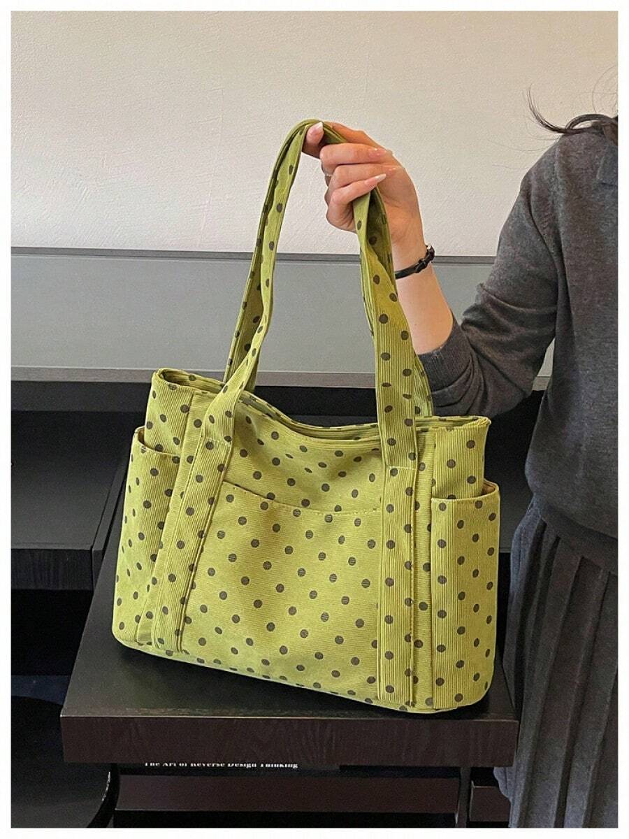 Polka Dot Canvas Tote Bag Large Multi‑Pocket Casual Daily Shopping Work Women Shoulder Handbag
