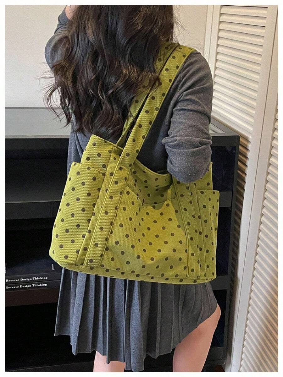Polka Dot Canvas Tote Bag Large Multi‑Pocket Casual Daily Shopping Work Women Shoulder Handbag
