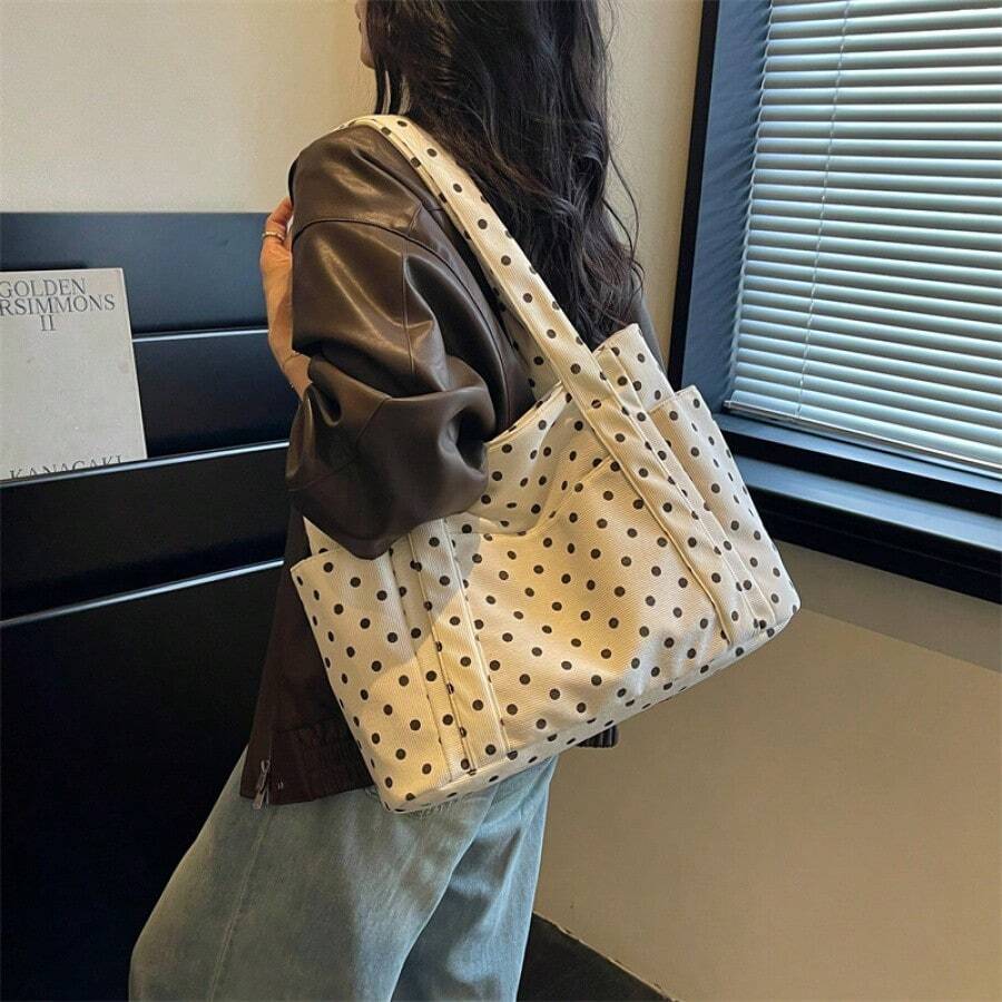 Polka Dot Canvas Tote Bag Large Multi‑Pocket Casual Daily Shopping Work Women Shoulder Handbag