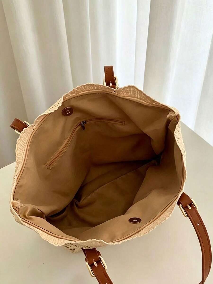 Floral Lace Crochet Hollow Lace Trim Square Sign Adjustable Shoulder Strap Detail Decoration Soft Elegant Style Tote Bag Women's Daily Commute Travel Shopping Handbag Shoulder Bag Atmospheric Large Ba