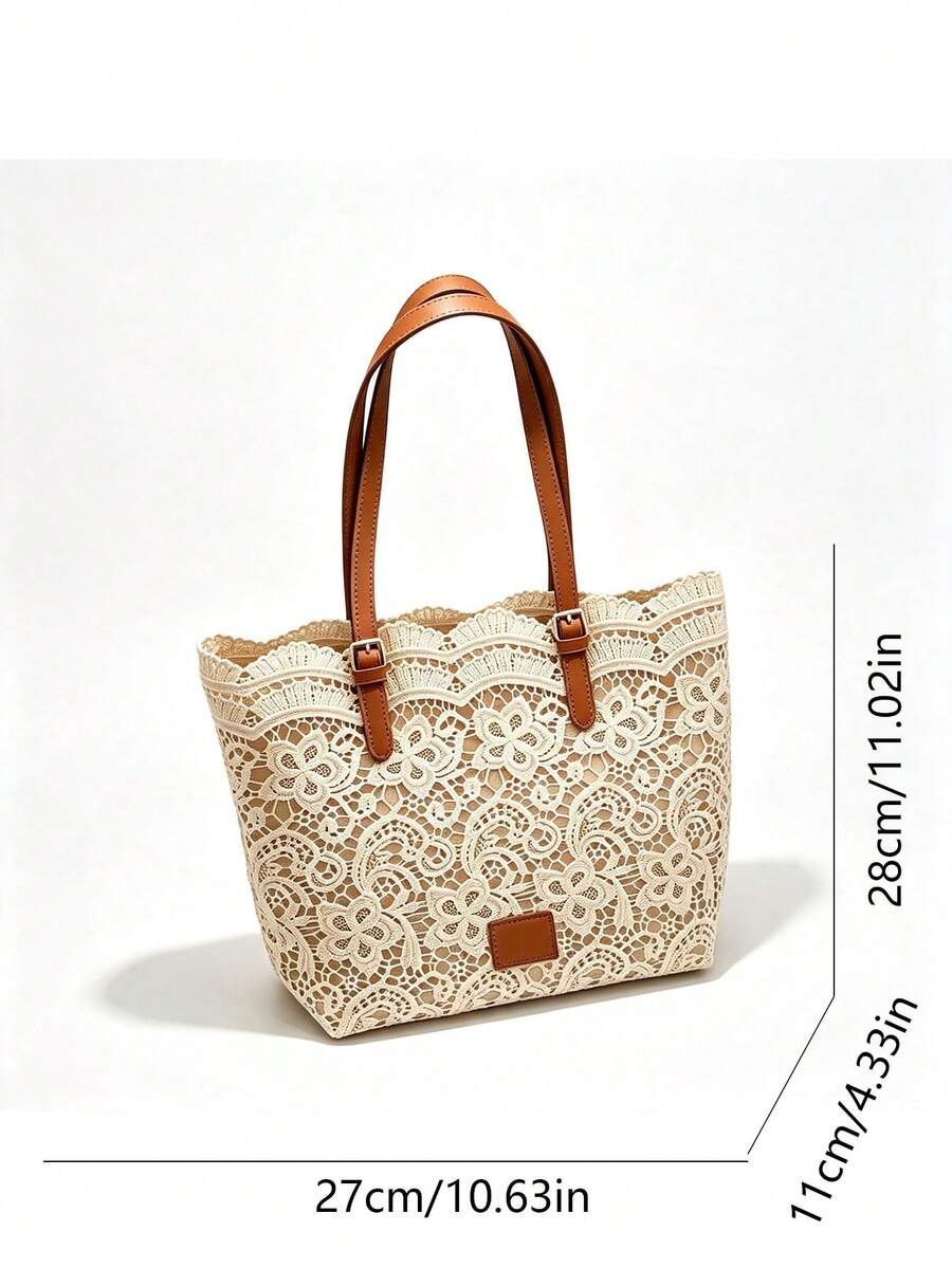 Floral Lace Crochet Hollow Lace Trim Square Sign Adjustable Shoulder Strap Detail Decoration Soft Elegant Style Tote Bag Women's Daily Commute Travel Shopping Handbag Shoulder Bag Atmospheric Large Ba