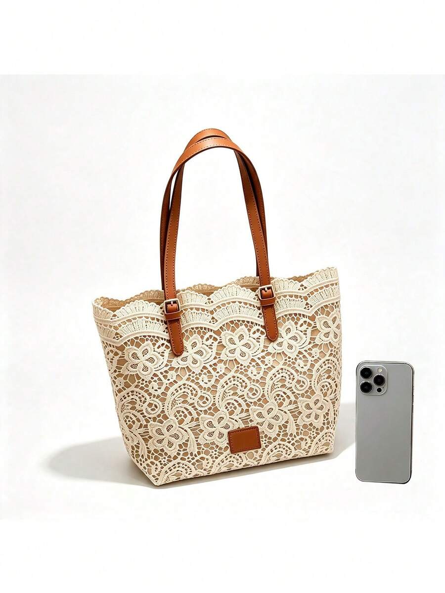 Floral Lace Crochet Hollow Lace Trim Square Sign Adjustable Shoulder Strap Detail Decoration Soft Elegant Style Tote Bag Women's Daily Commute Travel Shopping Handbag Shoulder Bag Atmospheric Large Ba
