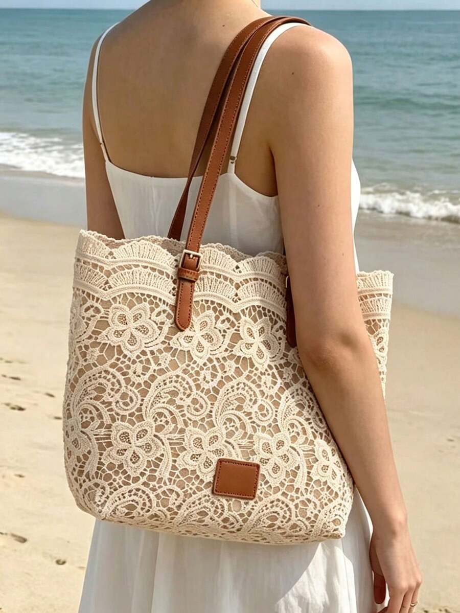 Floral Lace Crochet Hollow Lace Trim Square Sign Adjustable Shoulder Strap Detail Decoration Soft Elegant Style Tote Bag Women's Daily Commute Travel Shopping Handbag Shoulder Bag Atmospheric Large Ba