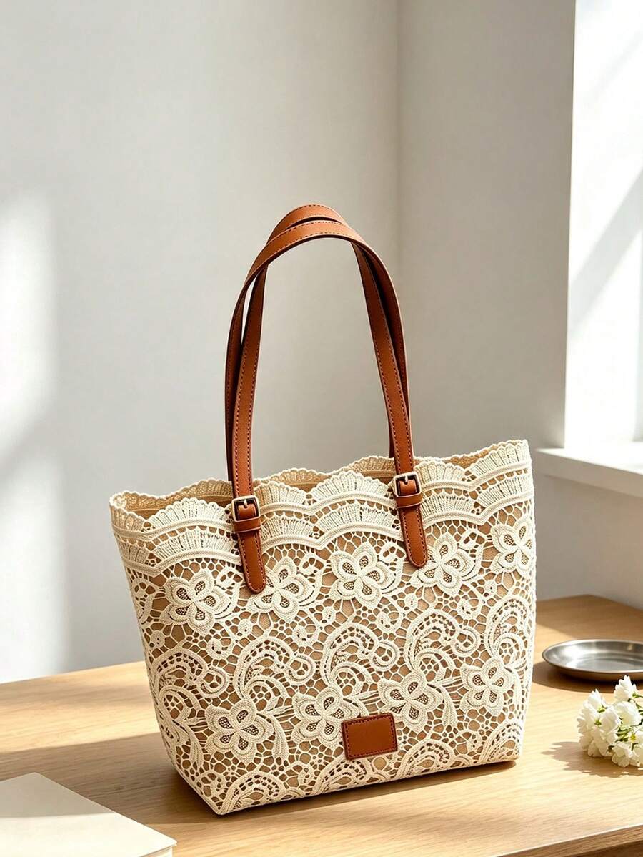 Floral Lace Crochet Hollow Lace Trim Square Sign Adjustable Shoulder Strap Detail Decoration Soft Elegant Style Tote Bag Women's Daily Commute Travel Shopping Handbag Shoulder Bag Atmospheric Large Ba