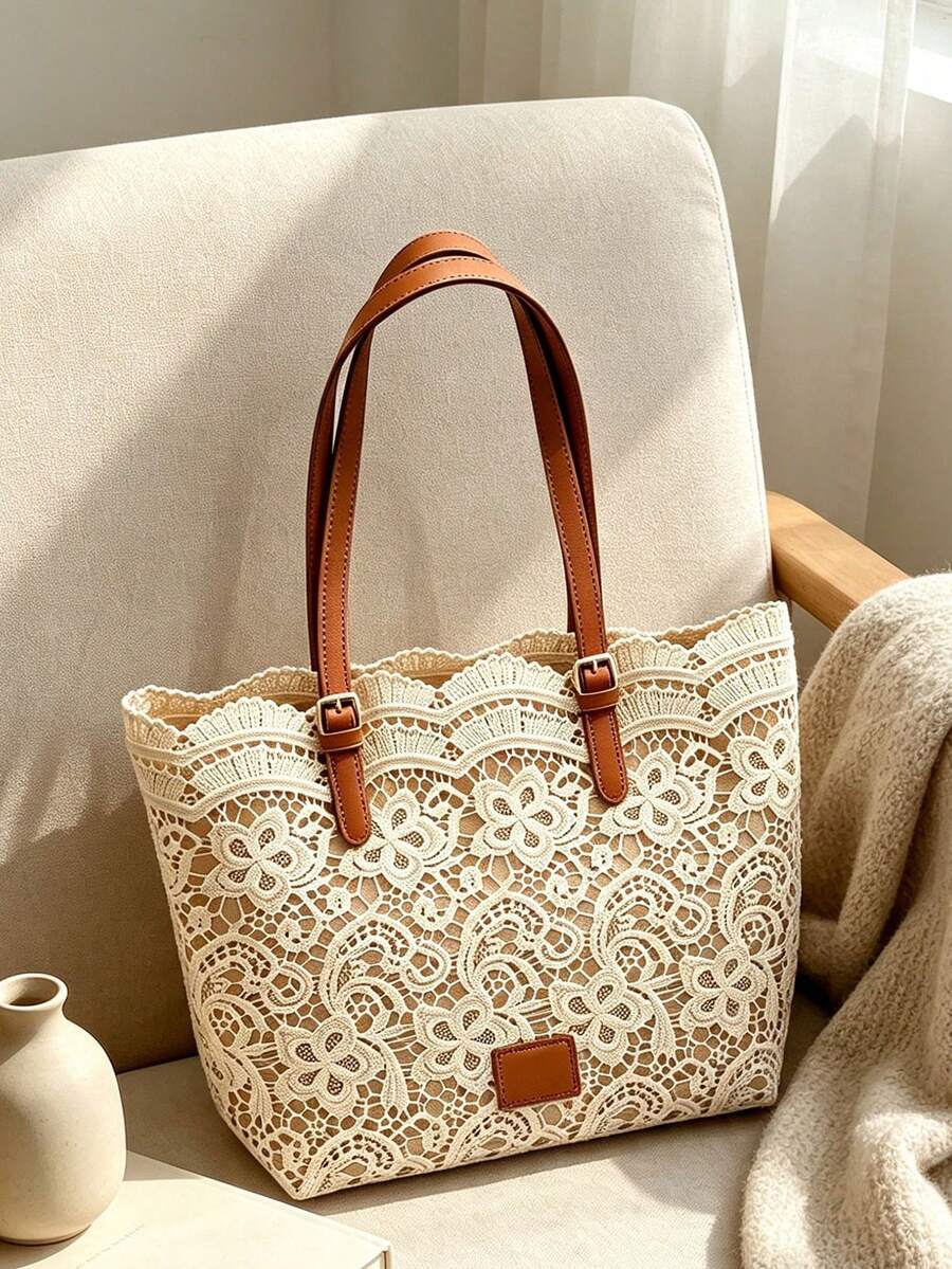 Floral Lace Crochet Hollow Lace Trim Square Sign Adjustable Shoulder Strap Detail Decoration Soft Elegant Style Tote Bag Women's Daily Commute Travel Shopping Handbag Shoulder Bag Atmospheric Large Ba