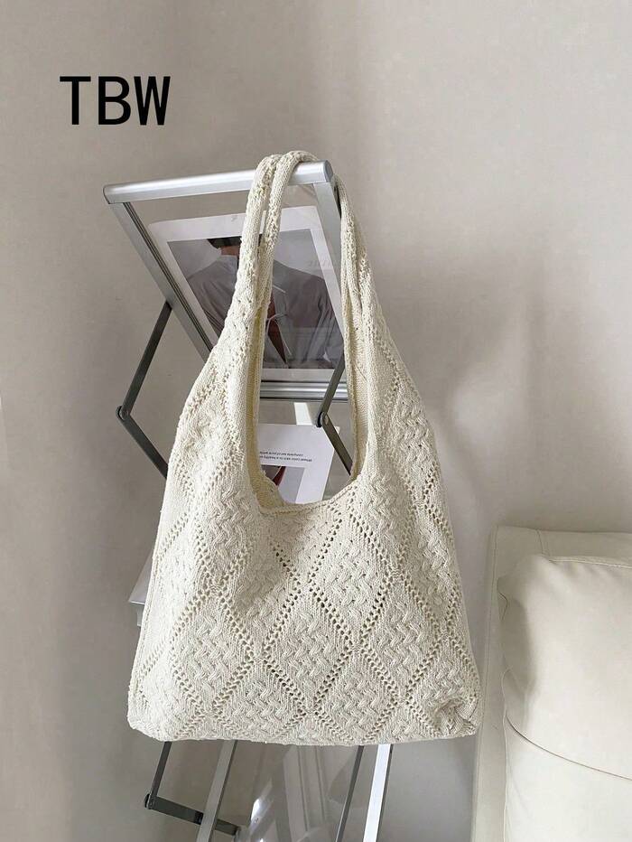 Women's Crochet Handbag, Hollow Out Solid Color, Vacation Style