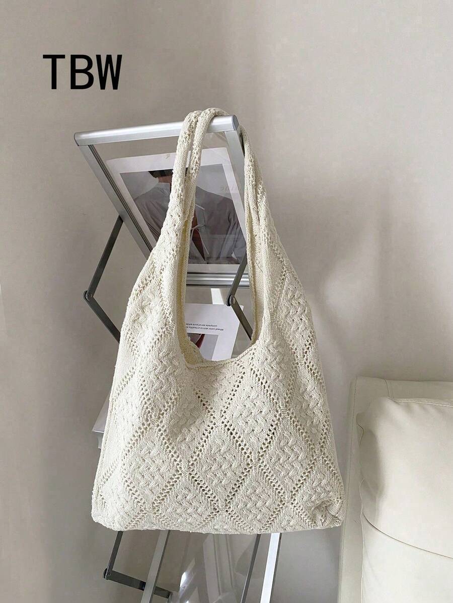Women's Crochet Handbag, Hollow Out Solid Color, Vacation Style, Suitable For Shopping And Outings
