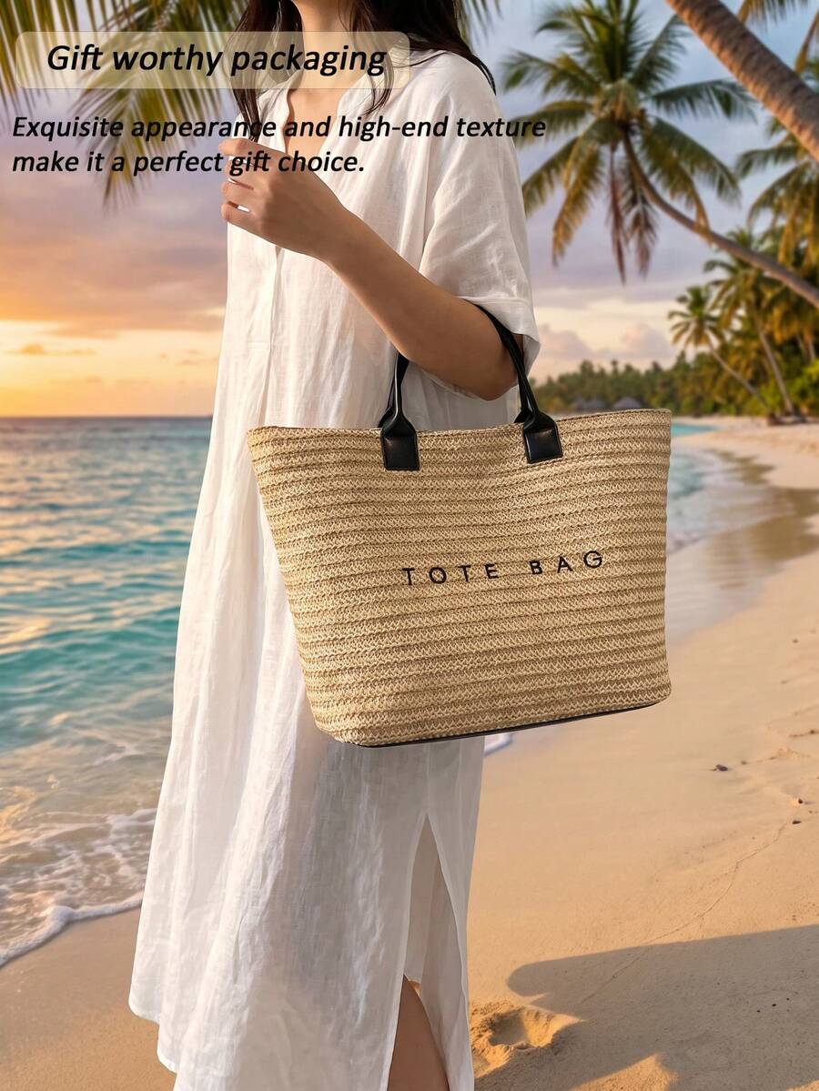 New Fashionable Woven Straw Tote Bag Multifunctional Purse Beach Vacation Handbag Back To School Travel Essentials Birthday Gift Cruise Essential