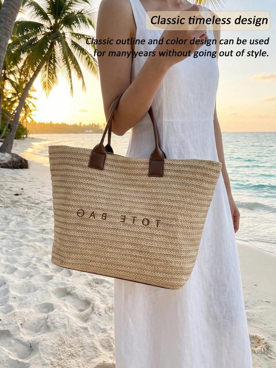 New Fashionable Woven Straw Tote Bag Multifunctional Purse Beach Vacation Handbag Back To School Travel Essentials Birthday Gift Cruise Essential